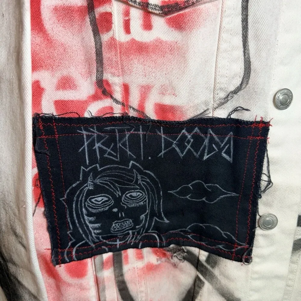 Hand Painted Graffiti Jacket Street Art Punk New Look White Denim Small Raw Hem